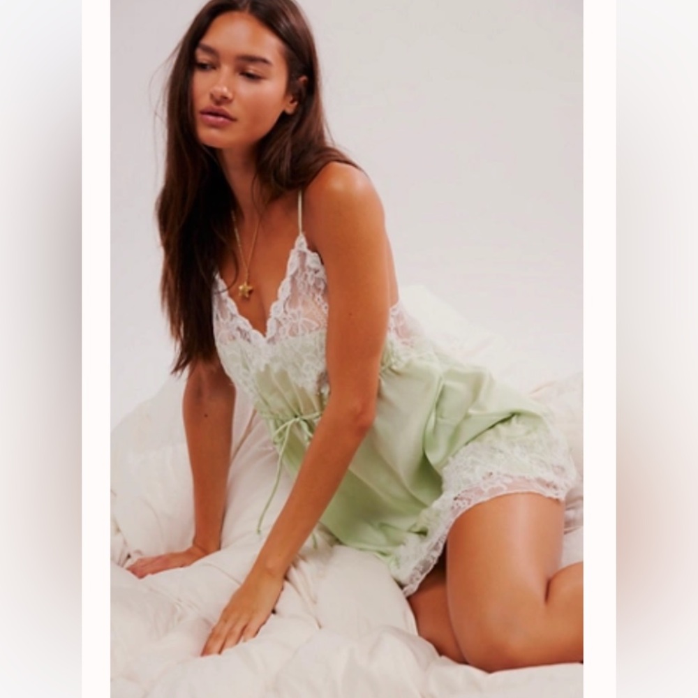 Free People Green and White Lace Chemise